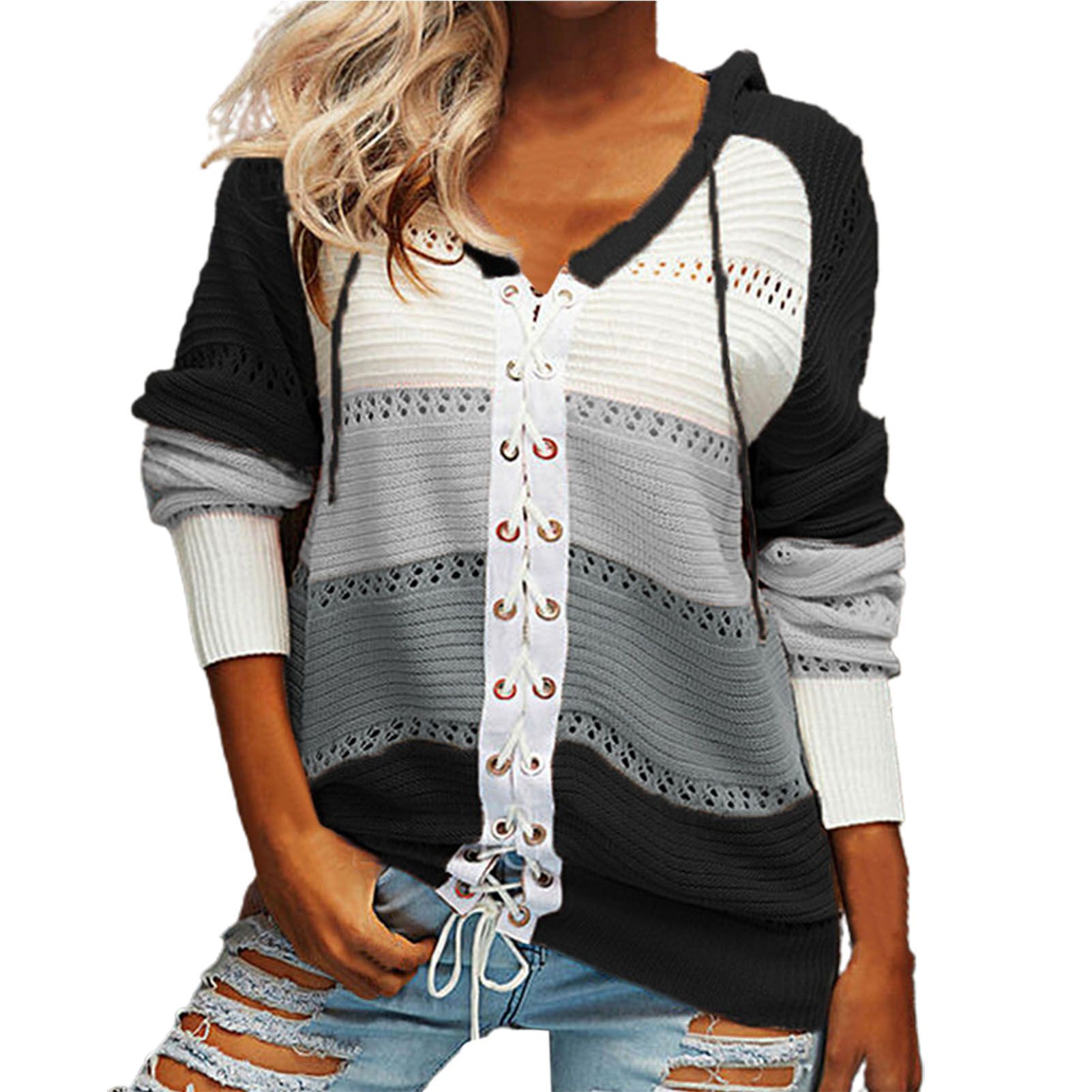 Knitted Cardigan Ribbed Hem Color Block Hooded Winter Coat