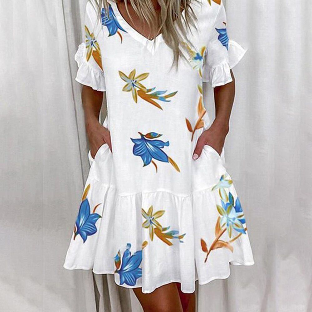 Casual Ruffles Loose V-Neck Dress Women Summer Short Sleeve Floral Print Woman Dress Plus Size Fashion White Beach Dresses
