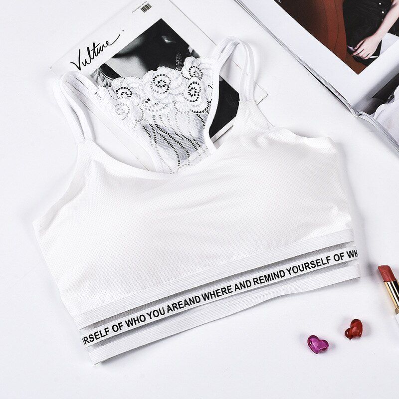 CHRLEISURE Letter Splice Bralette Beautiful Back Lace Embroidery  Bra Shockproof Elastic Force Mesh Tube Top
