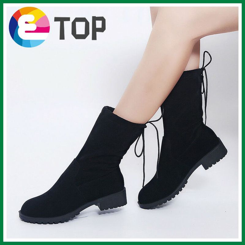 Women Low Heel Lace Up Ankle Boots Ladies Mid Calf Flat Casual Winter Shoes Size