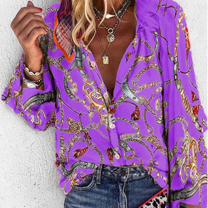Women Printed Stand Collar Long Sleeve Casual Shirt