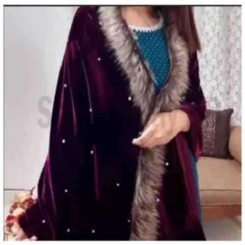 Indian New Velvet Maroon Shawls With Stone Work Fabric For Women in Winter
