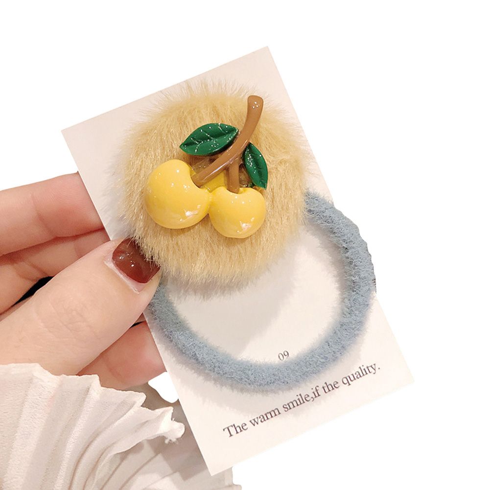 Women Resin Cherry Pompom Charm Ponytail Holder Elastic Hair Rope Tie Headwear