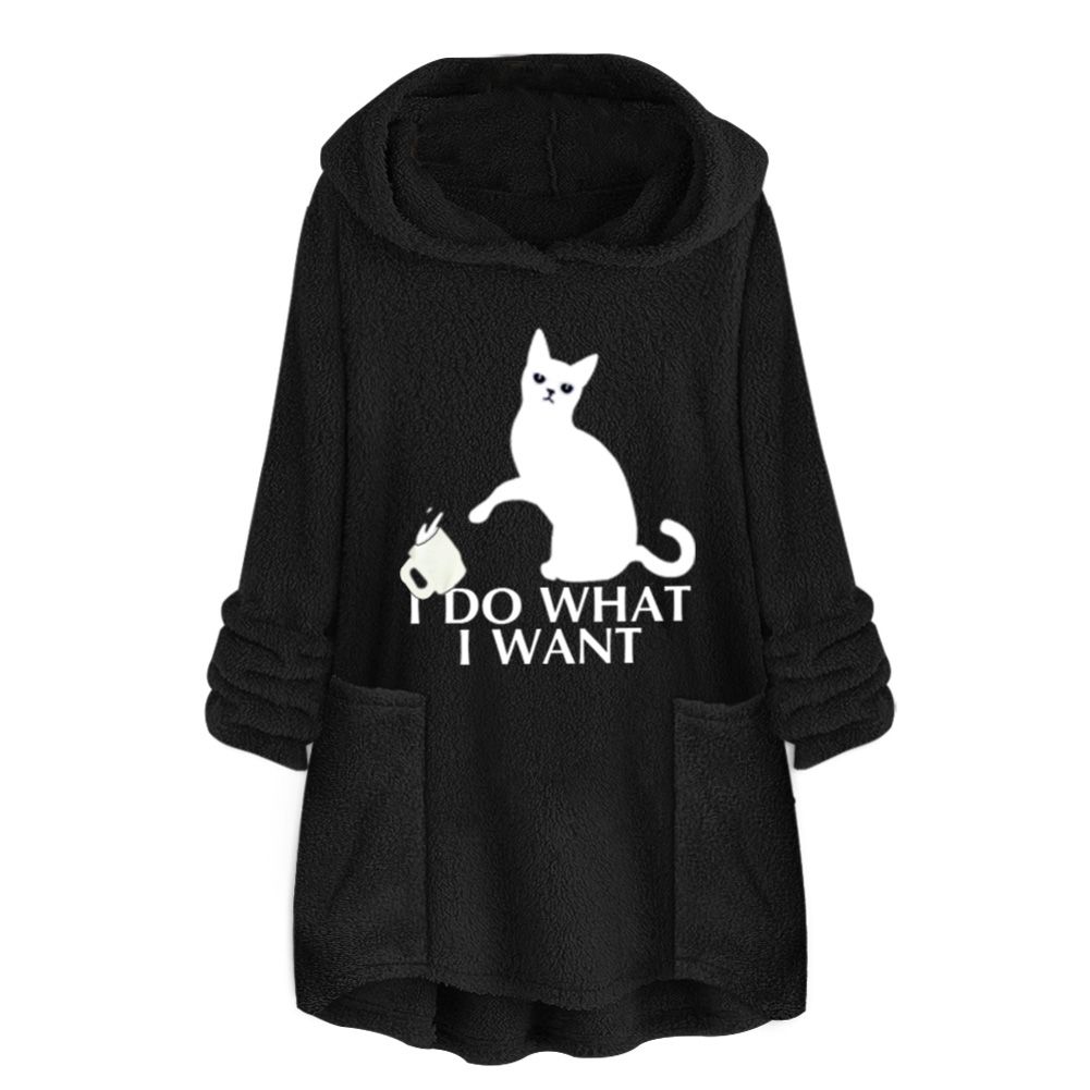 Women Autumn Solid Color Cats Print Irregular Hem Pockets Midi Hoodie Sweatshirt