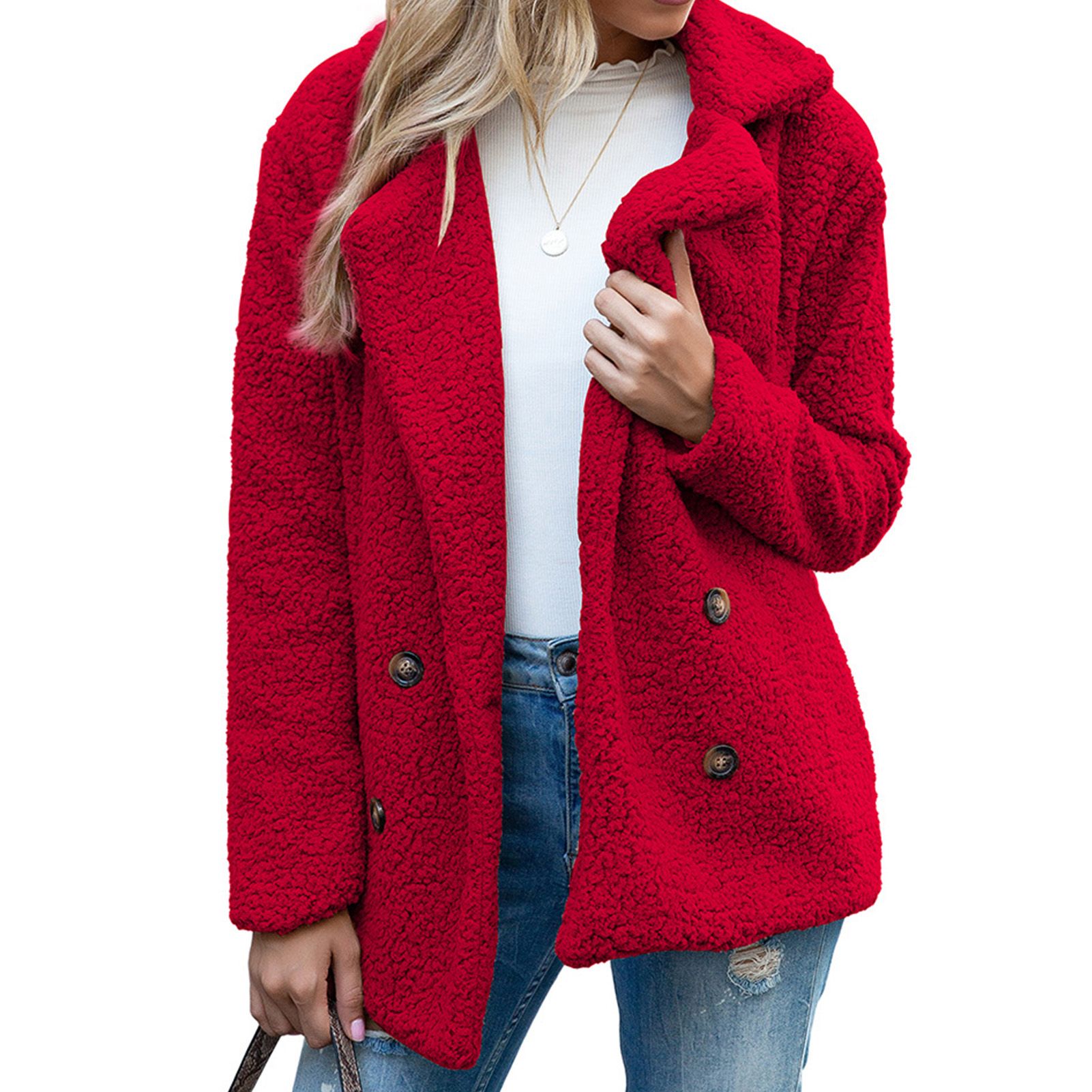 Autumn Winter Women Faux Fleece Long Sleeve Lapel Jacket Buttons Warm Loose Coat