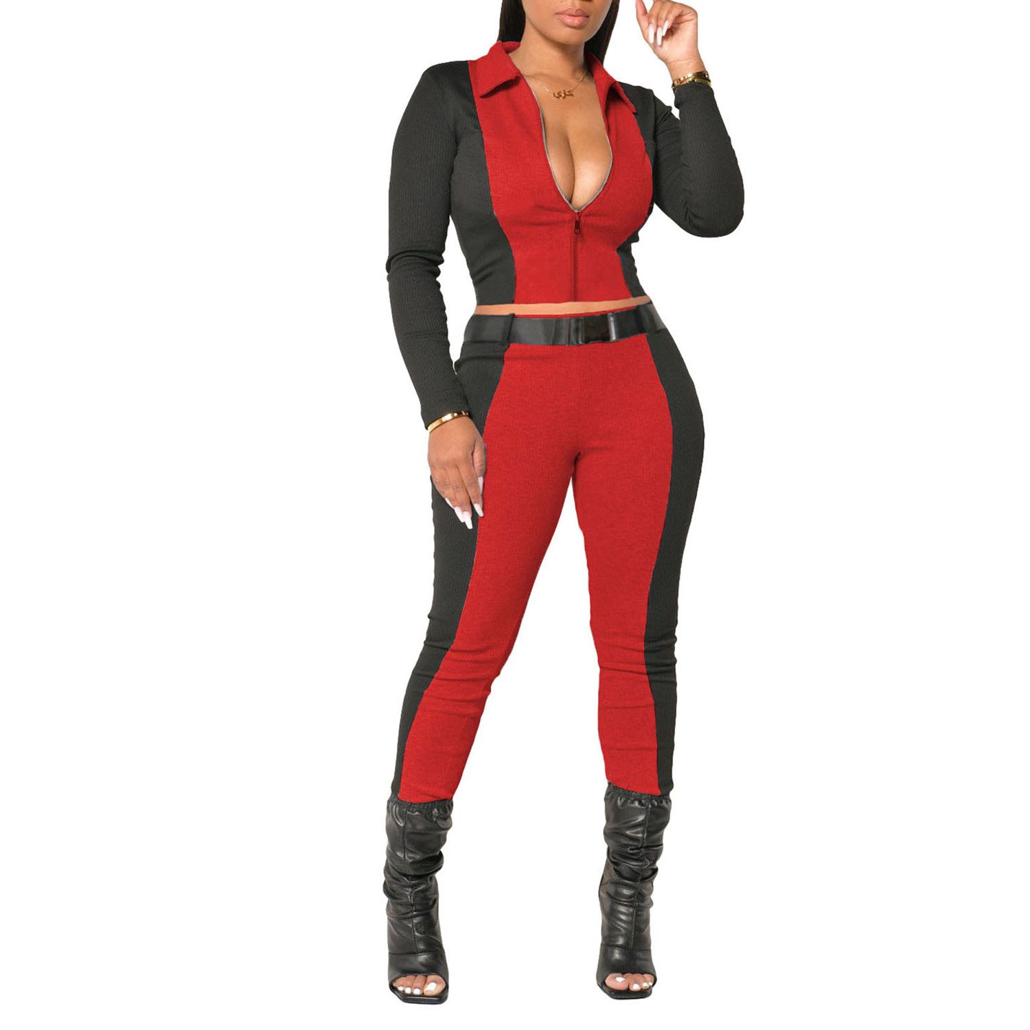 Women’s 2 Piece Outfits, Long Sleeve Color Block Lapel Zip Crop Top and Skinny Pants Set