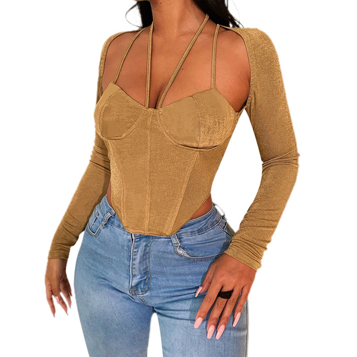Women’s Casual Halter Long Sleeve T-shirt Fashion Solid Color V-neck Exposed Navel Irregular Tops