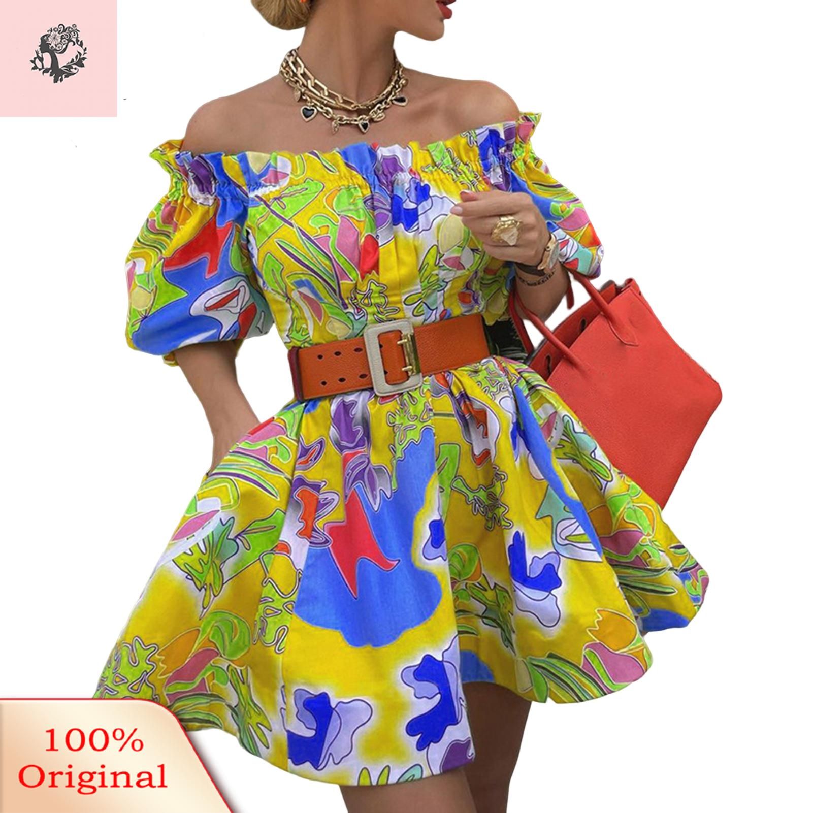 Sunnyheart Party Dress High-Waist Fashionable Print Off Shoulder Lady Summer Dress