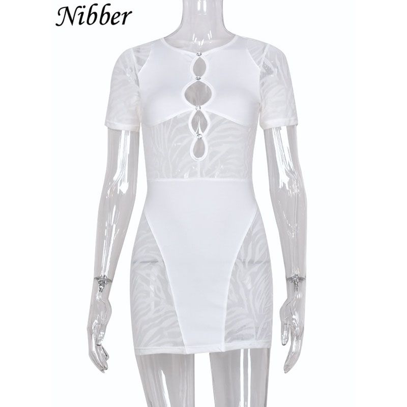 Nibber  stitching See Through Mini Dress For Women Summer Shape Hollow Out Hot ClubwFemale Nightclub Bodycon Dress