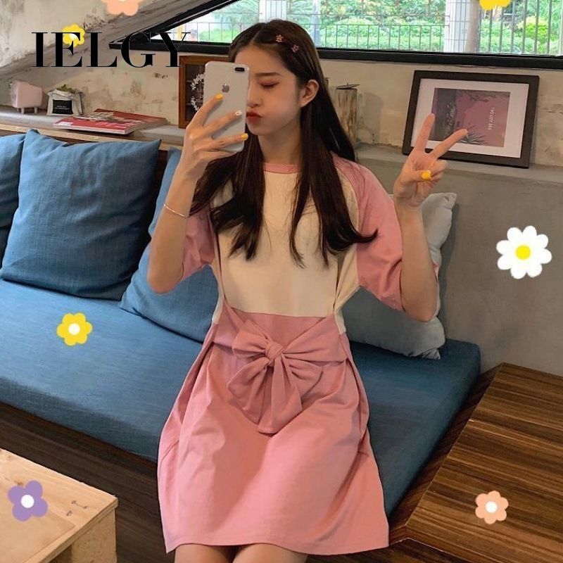 IELGY Bean paste powder dress female lace up waist was thin A-line skirt retro short-sleeved skirt