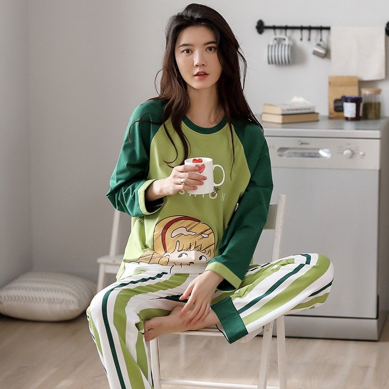 ATUENDO Autumn Fashion Pajama Set for Women 100% Cotton PJS Atoff Home Satin Avocado Sleepwear Spring Warm Silk Kawaii Nightwear