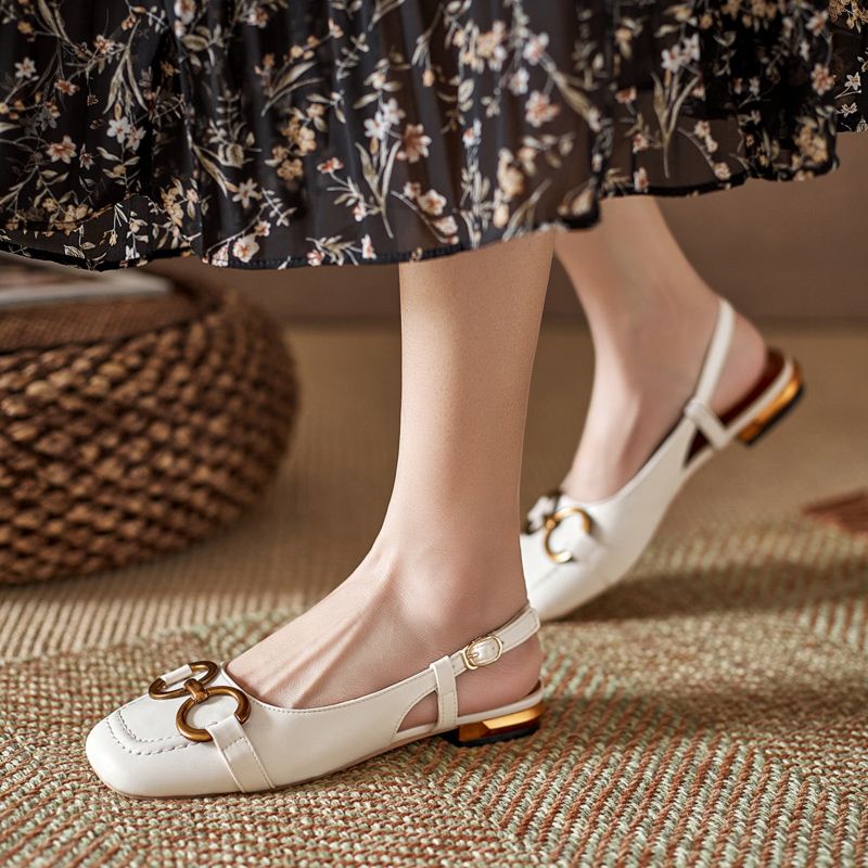 Women Fashion French Vintage Square Toe Slingback Slip on Flat Sandals Open Back Closed Toe Sandals