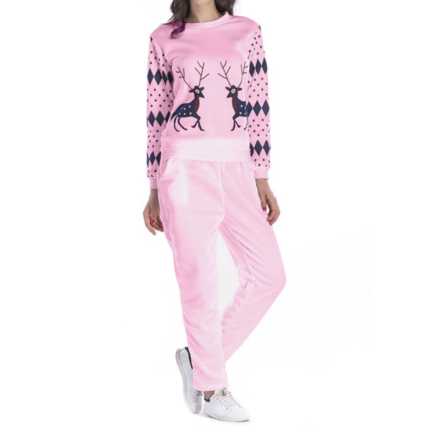 2020 Women's Two Piece Sports Suit, Long Sleeve Christmas Printed Top with Long Pants, Simple and Casual