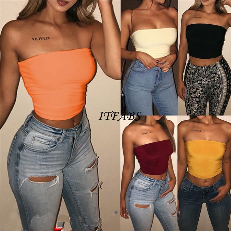 Women Off Shoulder Elastic Tube Tops Bra Blouse Strapless Shirt