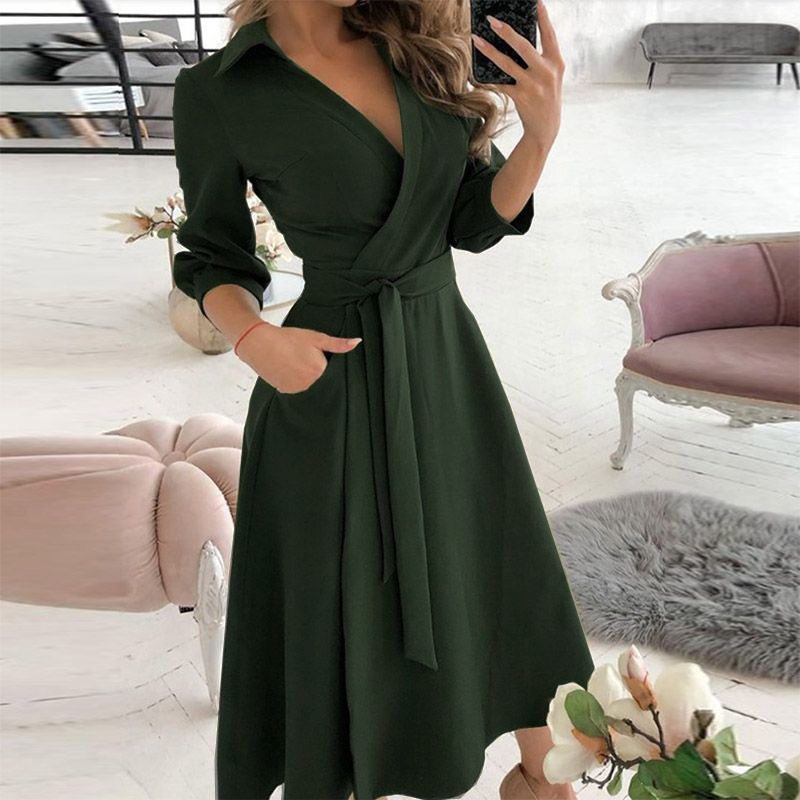Elegant Women Letter Diamond Print Party Dresses Spring Fashion V-Neck Belt A-Line Dresses Female Casual Long Sleeve Dress