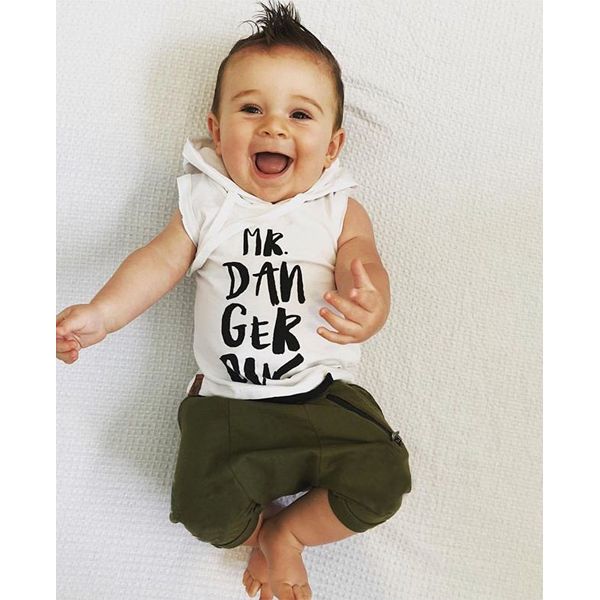 Toddler Baby Boys 2 Pieces Outfits, Sleeveless Hooded Letter Print/Stripe Tops + Zipper Solid Color Pants Set