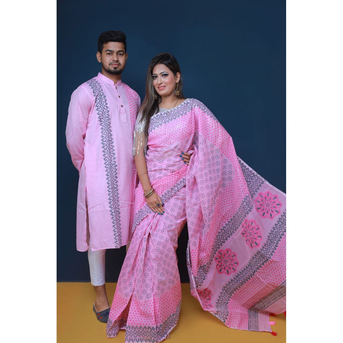 Exclusive Designer  Print Half Silk Saree & Dhupian Silk Panjabi Combo For Couple Stylesh & fashionable best couple dress for man and women .