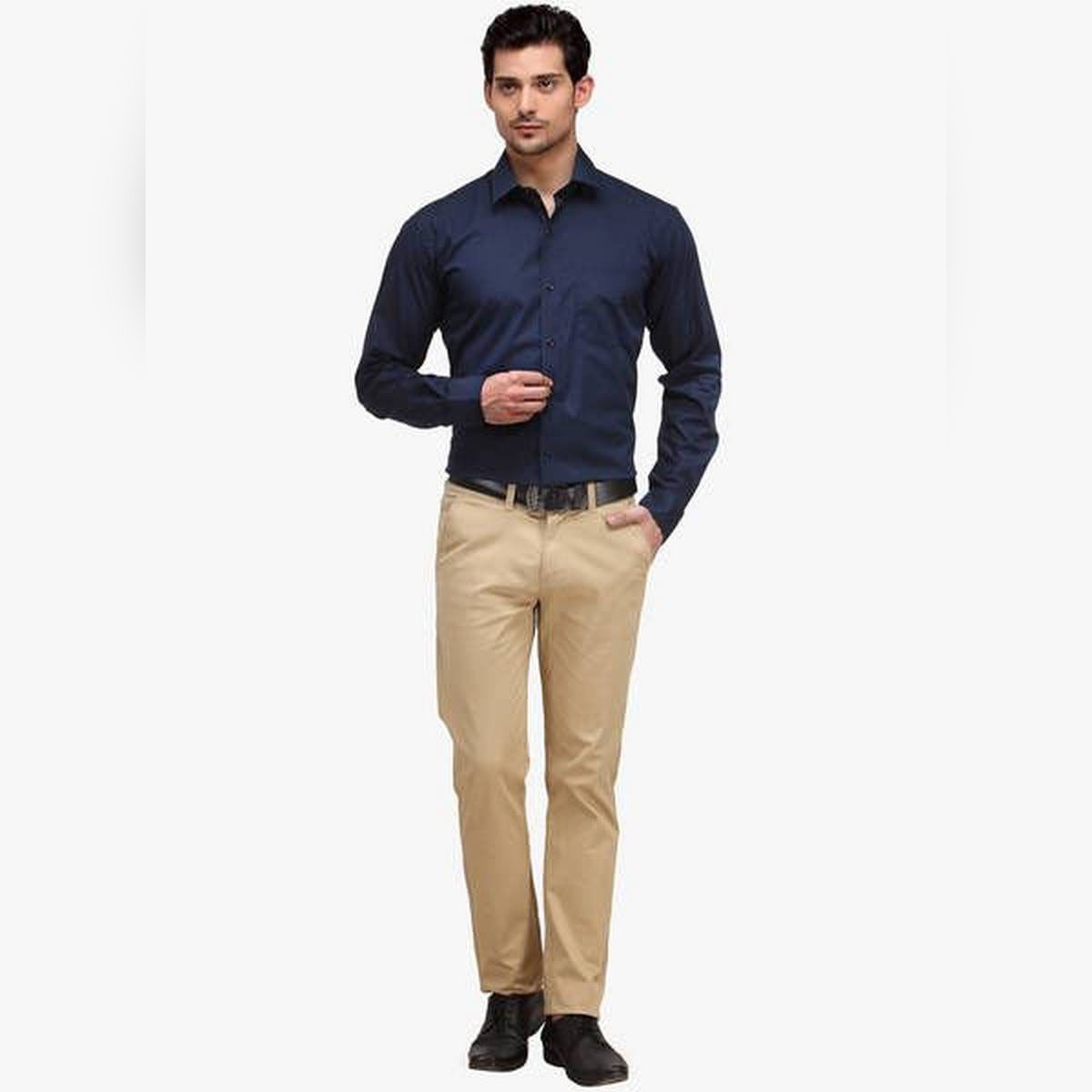 Navy Blue Cotton Long Sleeve Casual Shirt for Men