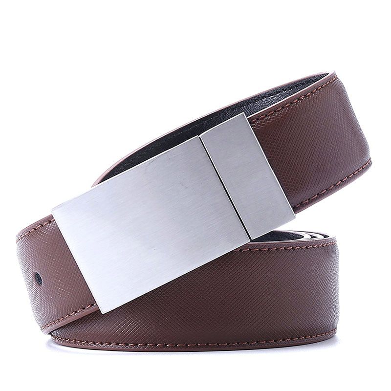 Mens Belts Luxury Brand Design Leather Brown Black Color Dress Belt Adjustable Silver Metallic Belt With Toothpick Pattern