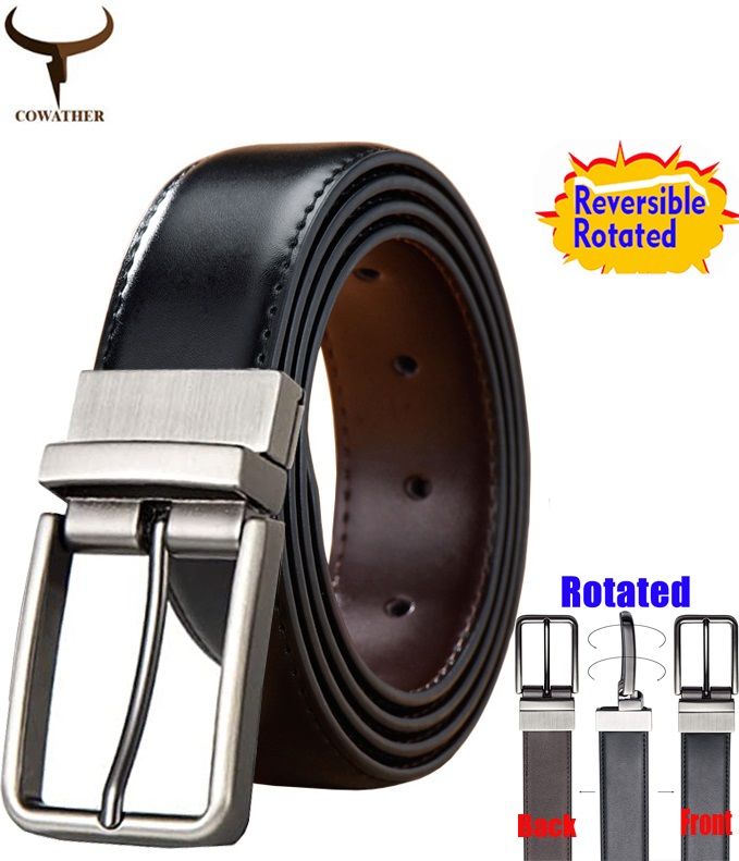 Men Reversible Leather Belt for Men with Rotated Prong Buckle, lalaki na sinturon ng katad