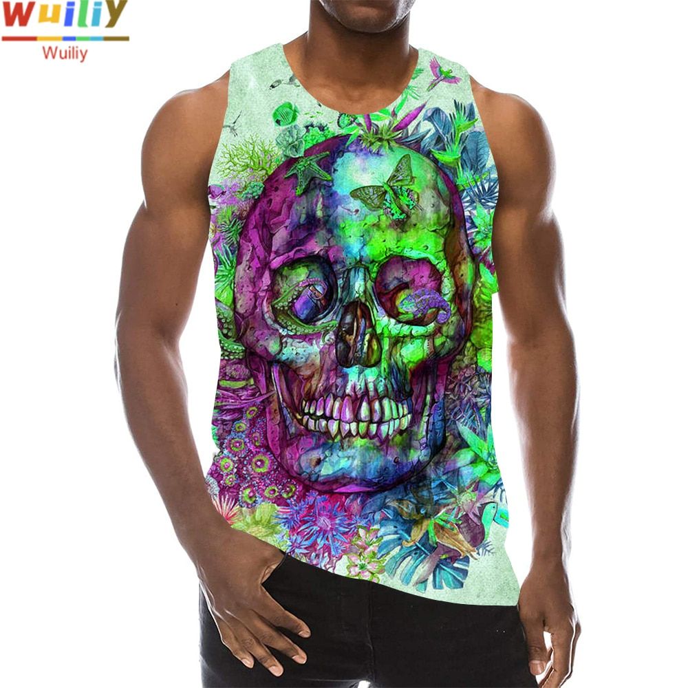 RainSkull TaTops For Men Summer Skeleton Graphic 3D Print Sleeveless Srt Gym Tops Novelty Beach Hop La Running Vest