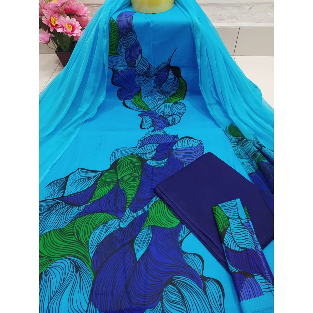New Fashionable Unstiched Screen Printed Cotton Three Piece For Women ( 3 piece )
