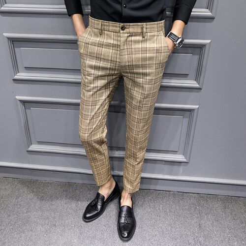 2021 Men  clothing Pure cotton plaid Business suit Trousers/Male slim fit Fashin leisure suit pants/British formal suit trousers