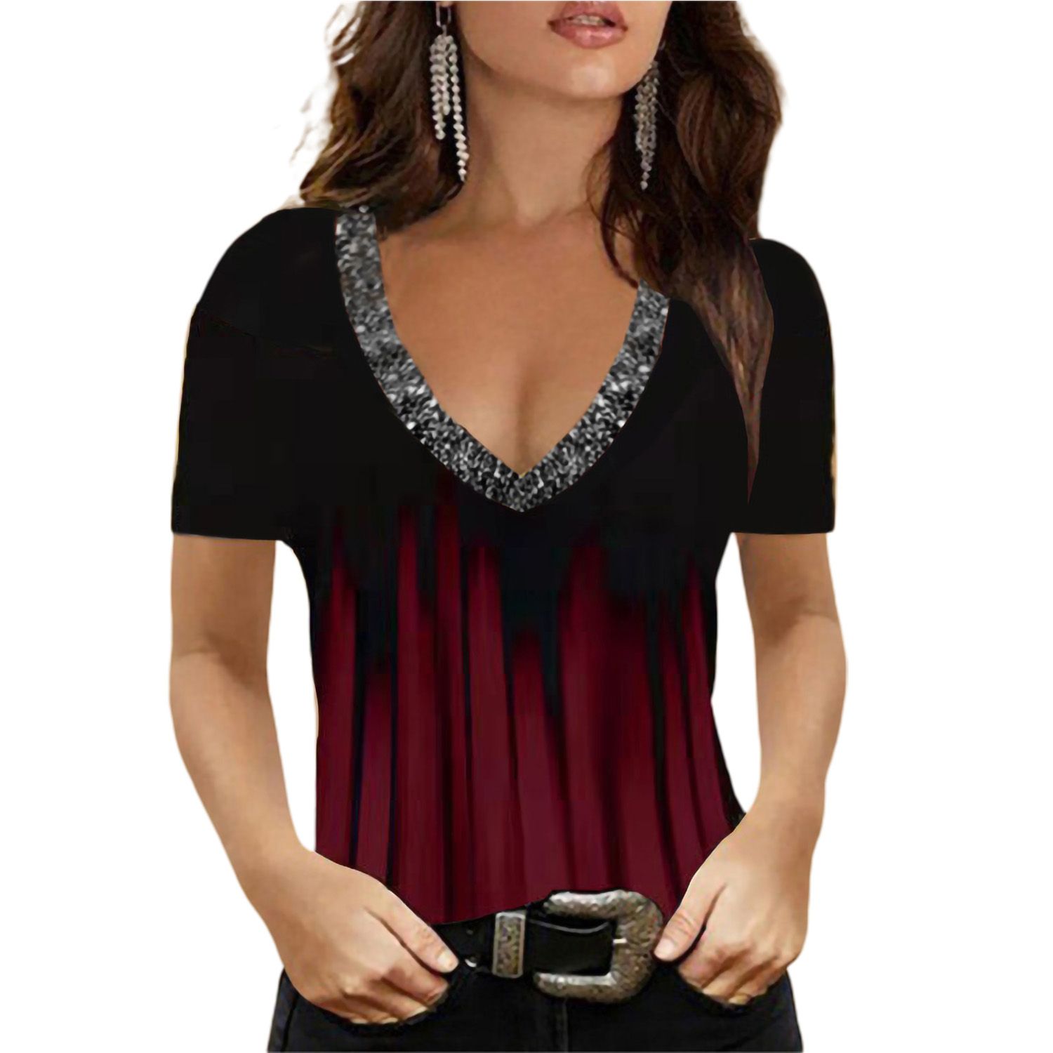 Women T-shirt Good Elastic Gradient Print Summer Pullover Top