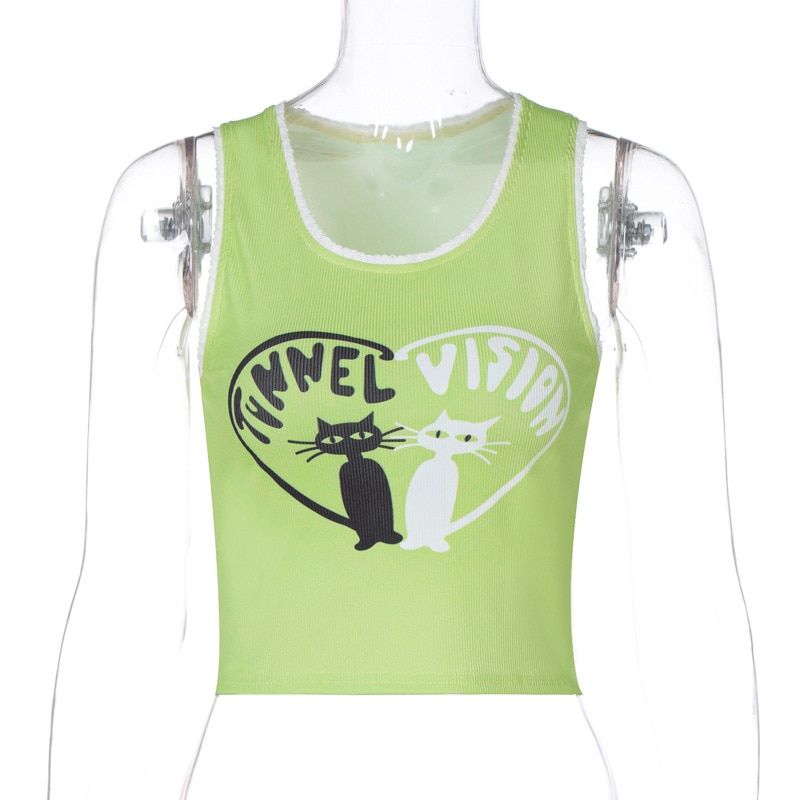 Harajuku Cute Print Crop Tank Top Aesthetics Sleeveless Knit Shirts Club Goth Punk Vest Streetwear Women Clothes