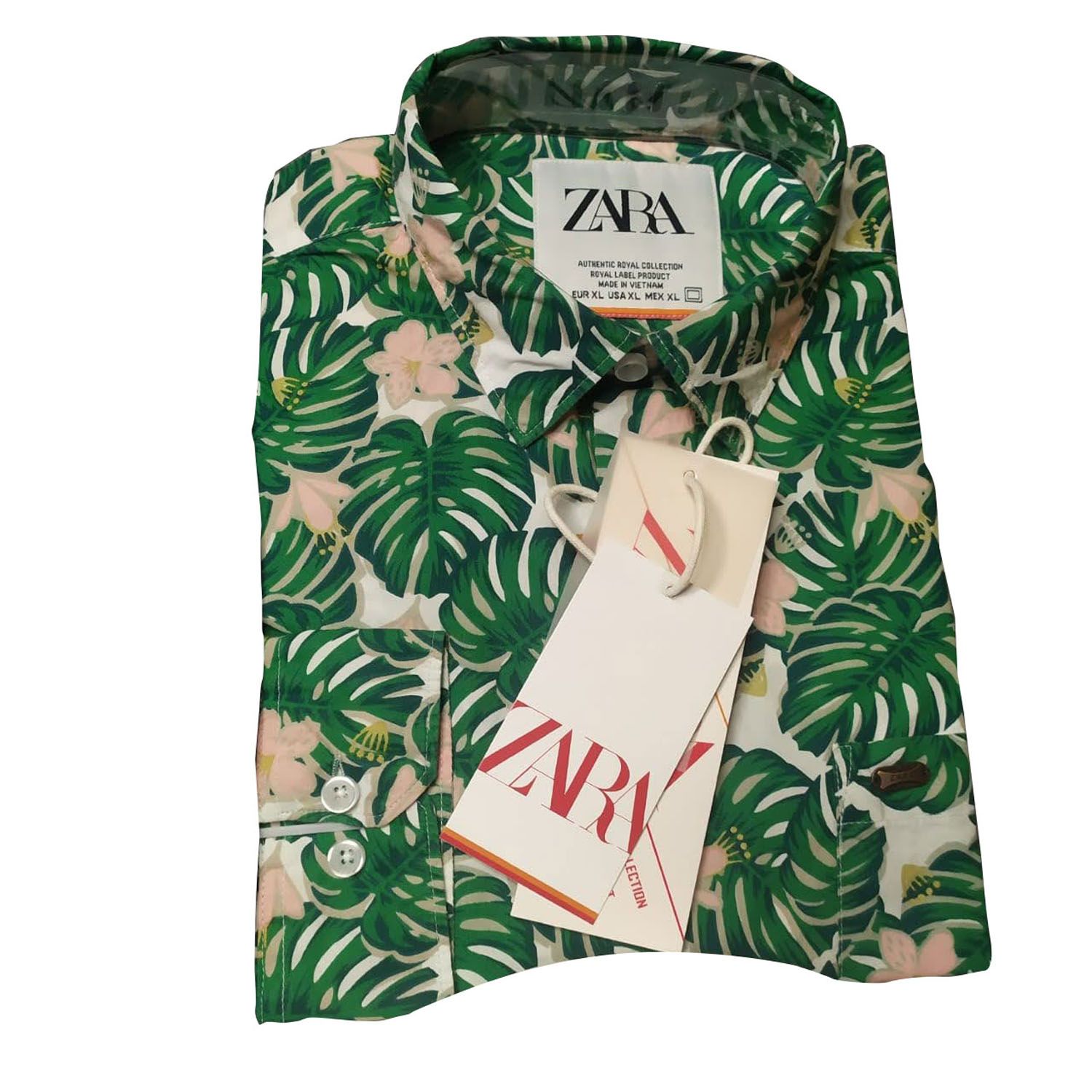 Slim Stretch Shirt with Lapel Collar and Long Sleeves with Buttoned Cuffs Green Floral