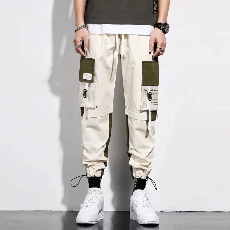 Men Cargo Pants Hopckets Track  Ribbons Harem Joggers Pants Harajuku Tide Fashion Casual Cotton Streetwear Trousers