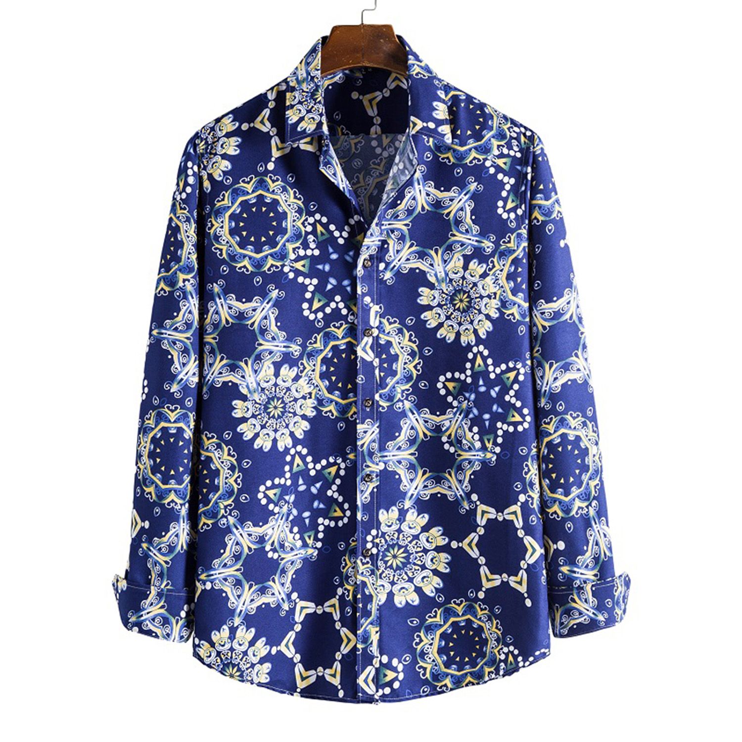 Summer Shirt Floral Print Lapel Men Long Sleeve Buttons Buttons for Party