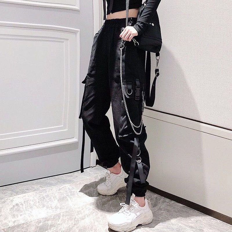 Black Streetwear Women Casual Pants Punk Harem Pants With Pockets Black Female Long Trousers Ribbon Ladies Pants