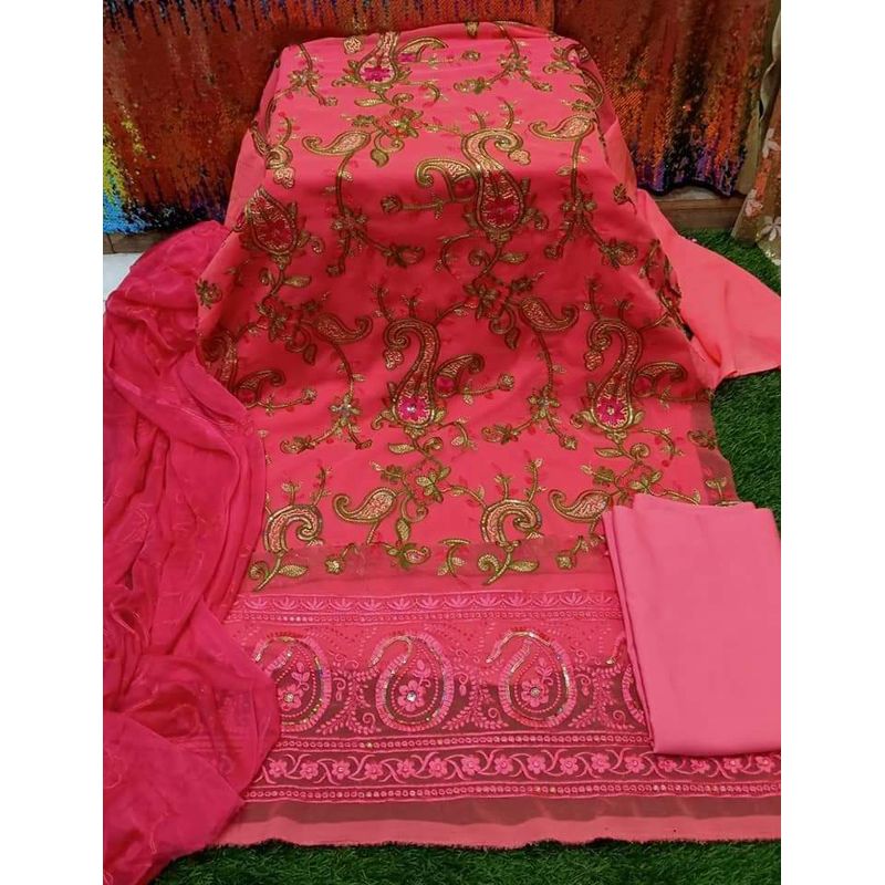 Gujrati Stylish Unstitched Georgette/Jorjet Embroidery Sequence Work Shalwar Kameez Three Piece Party Dress {3 Piece}