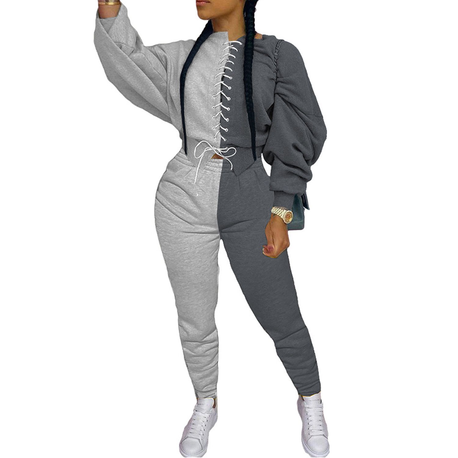 Women Casual Two-piece Clothes Set, Assorted Color Loose Round Collar Top + Long Pants, Yellow Blue/ Black Grey/ Grey/ Blue Grey