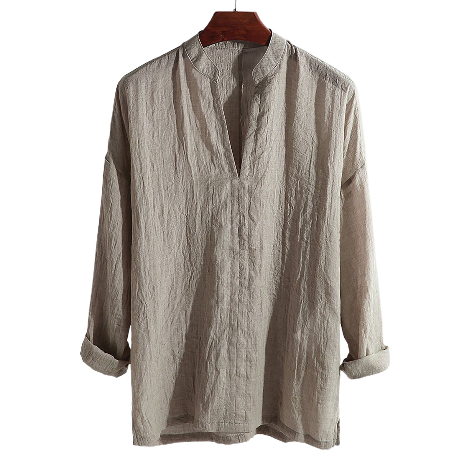 Men Shirt Solid Color Breathable Shirt Stand Collar Linen Blouse for Office