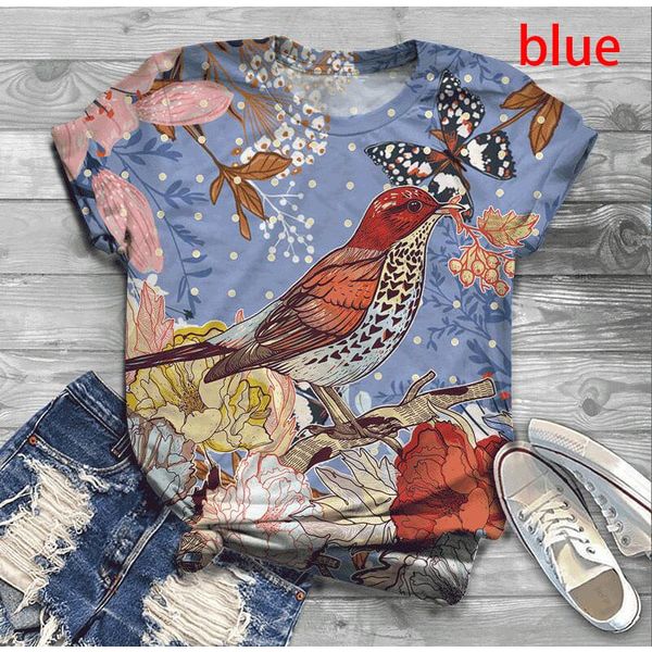 Summer Shirt Women Fashion Comfy Cute Bird Print Short Sleeve Round Neck T-Shirt Casual Streetwear Oversize Female Top Shirts