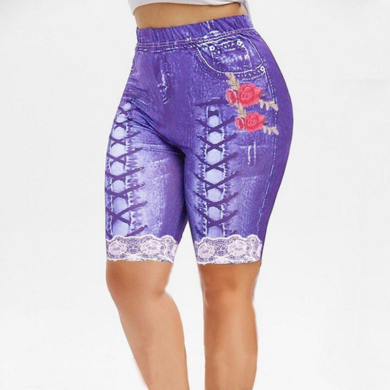 2021 Plus Size Women Yoga Shorts Leggings Summer fa_ke Denim Ladies Short Pants Summer Floral Printed High Waist Female Shorts