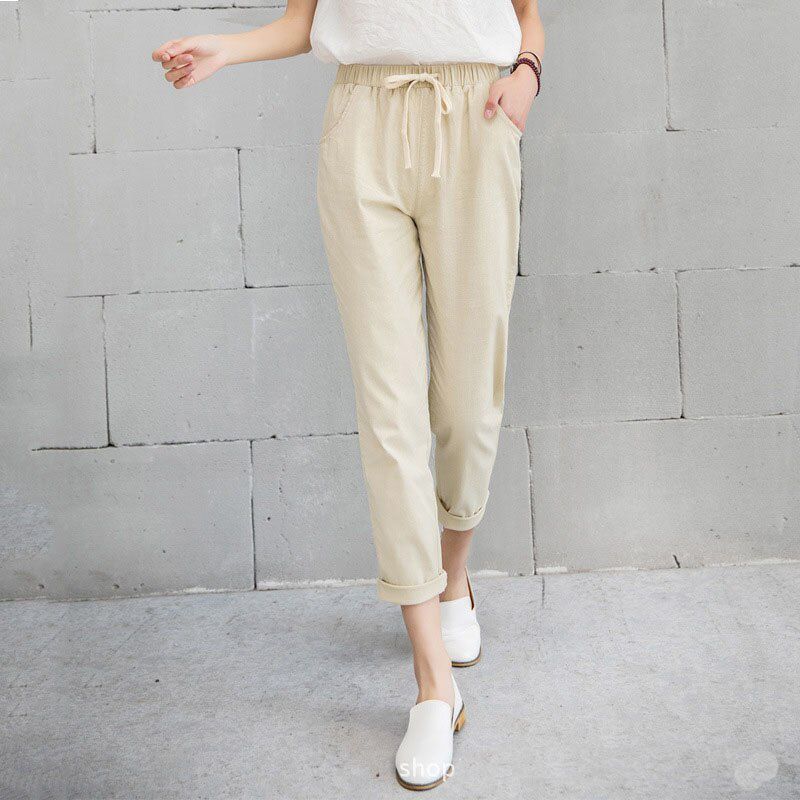Women Casual Spring Autumn Big Size Long Trousers Solid Elastic Waist Cotton Linen Pants Ankle Length Haren Pants