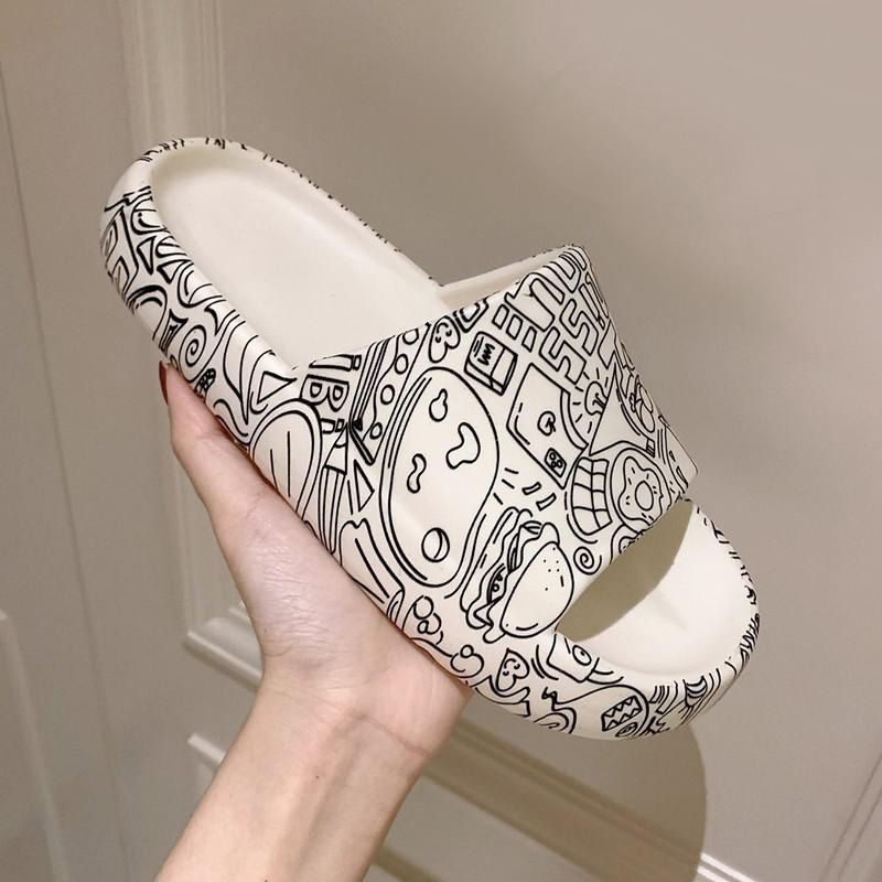 Color Printing Women Men Summer Slippers Non-Slip Beach Slide Sandals Flip Flops Cute Graffiti Thick Sole Comfort Bathroom Shoes
