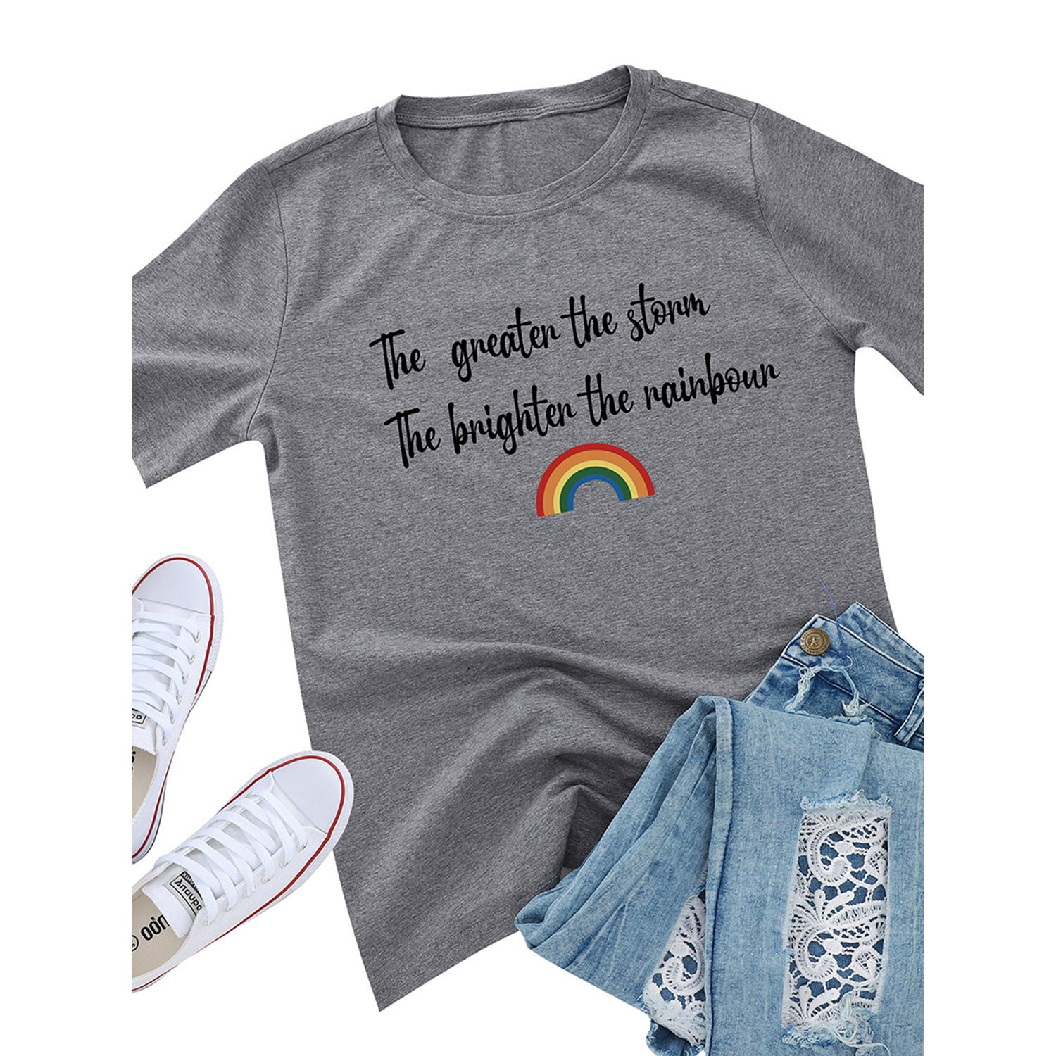 Women Fashion Short Sleeve Rainbow Print T-shirt Summer Casual Round Neck Letter Print Top