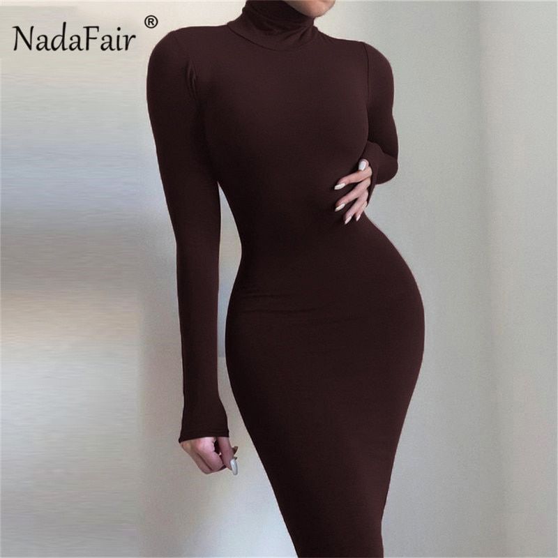 Nadafair  Women Dress Long Sleeve Turtleneck Autumn Winter Solid Casual Basic Black White Bodycon Slim Maxi Dress For Women