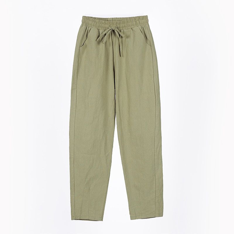 Women Pants Spring Summer Ankle Length Casual Straight Pencil Solid Elastic Waist Harem Girls Pants Thin Cotton Linen Trousers