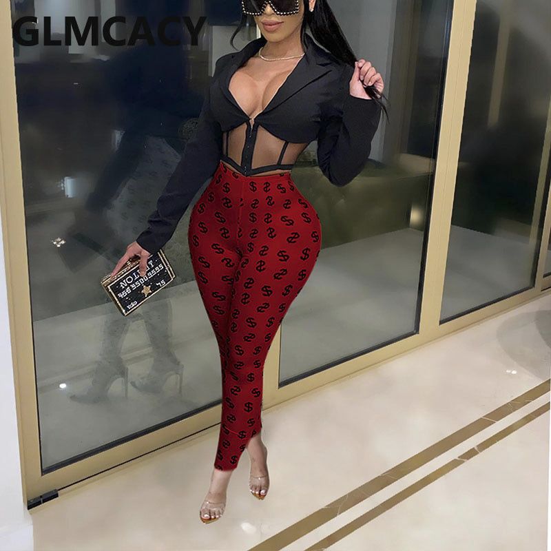 Women USD Symbol Printed Pants Casual Skinny Fitness Trousers