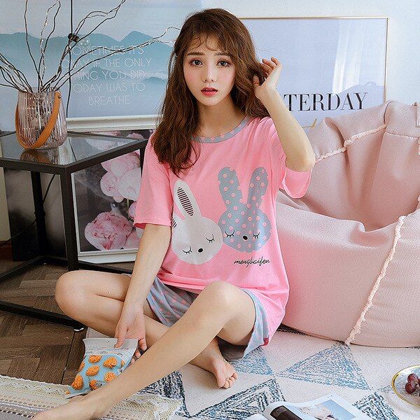 Nightwear Sleepwear Korean Cute home Clothes Pijama pajama Women Pajamas Set Ladies Summer Print Short Sleeves home Suit