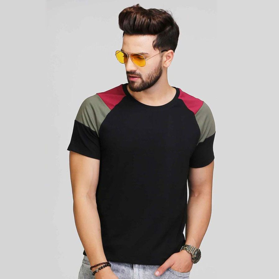 Men`s Black and Olive Color Half Sleeve T-Shirt by Green Stitch - T Shirt