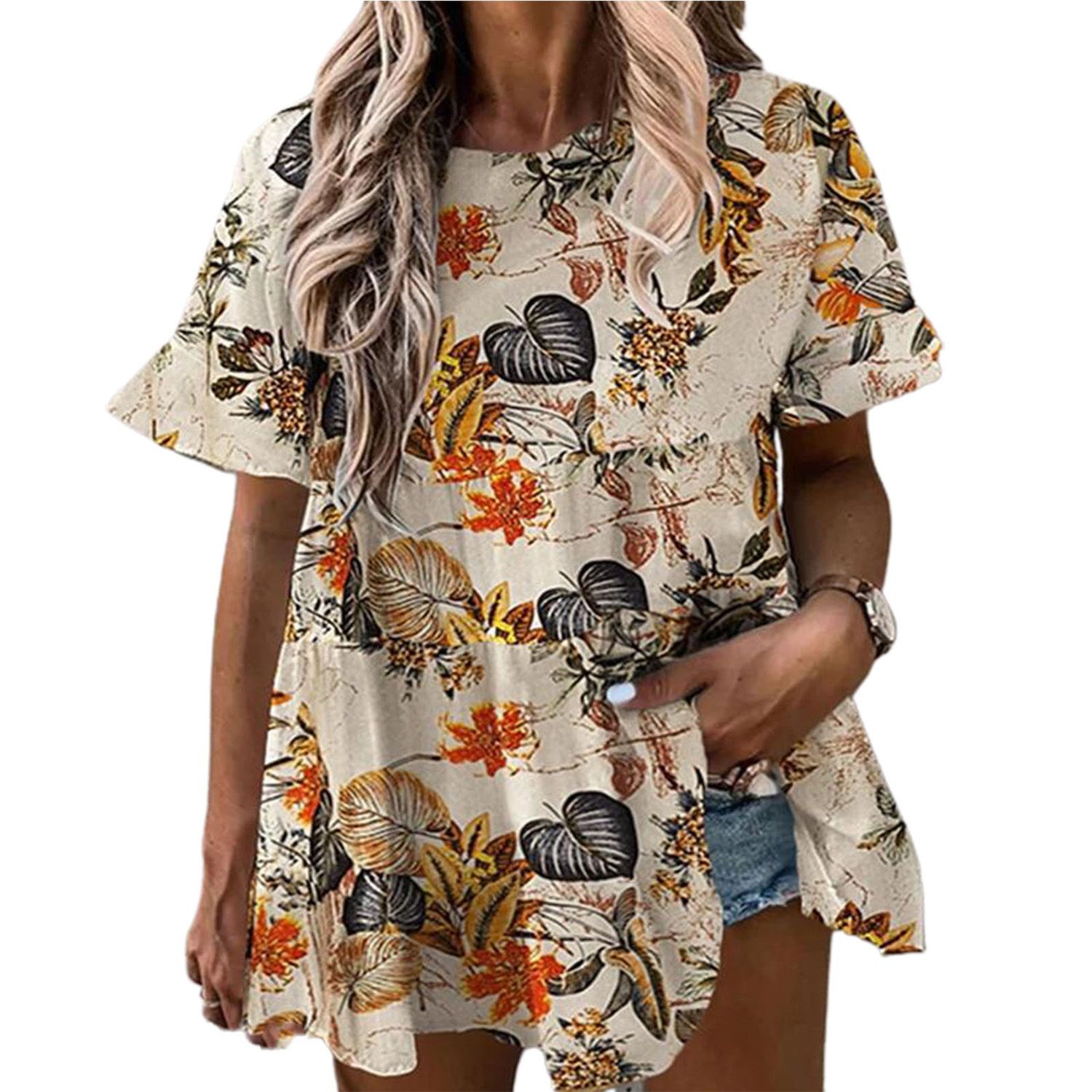 Casual Top Printing Ruffle Hem Summer T-shirts