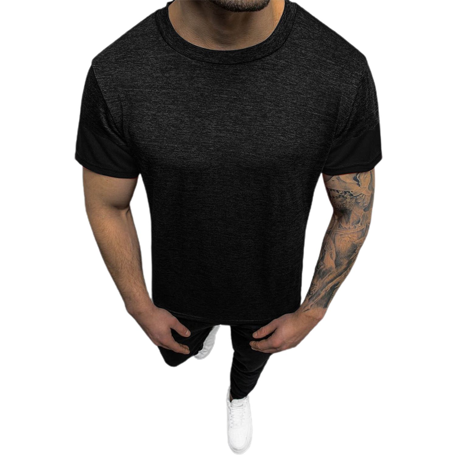 Men T-shirt Short Sleeve Quick Dry Summer Round Neck Color Block Top for Daily Wear