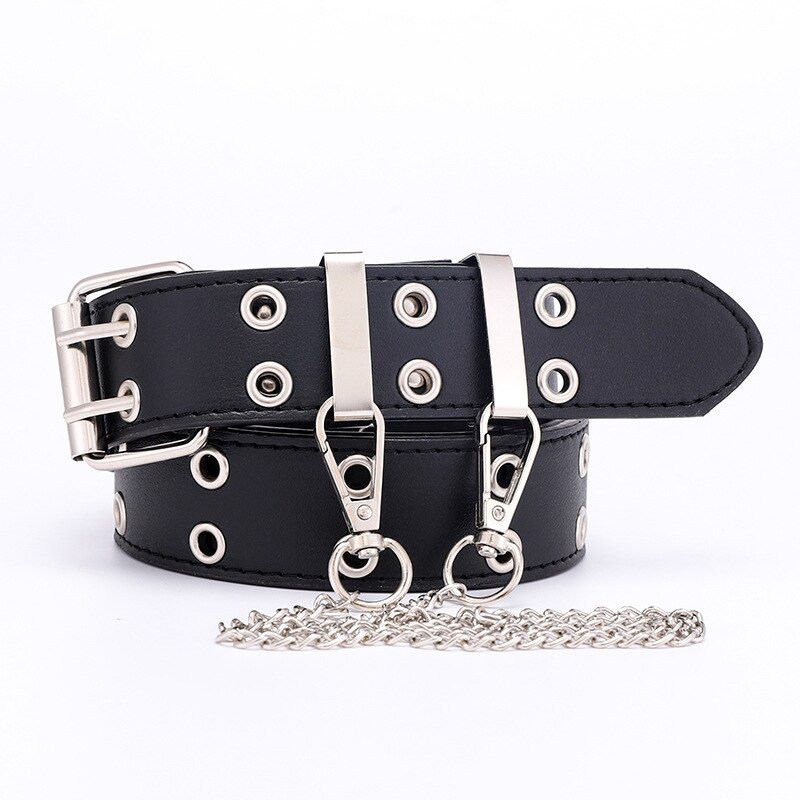 Double Eyelet Men Women Belts Silver Buckle Punk PU Leather With Chain All-match Jeans Trousers Black Ladies Female Waistband