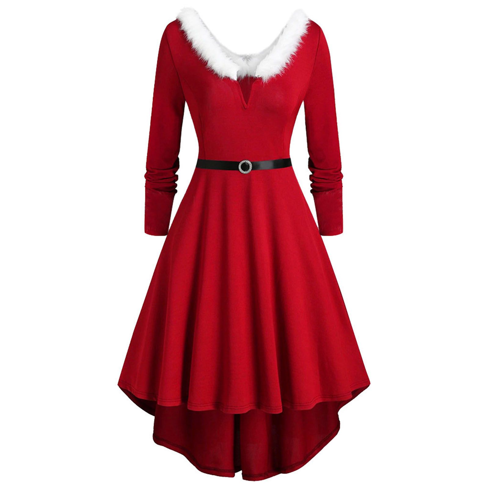 Christmas Dress Long Sleeve High Low Hem Belt Decor Xmas Dress